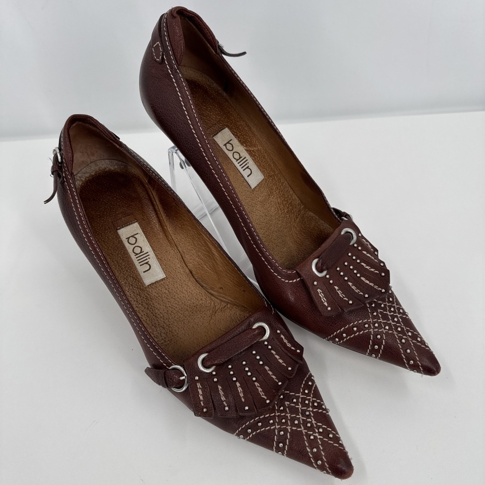 Ballin VTG Brown‎ Leather Kitten Heel 37.5 Italy Studded Fringe Metal Classic